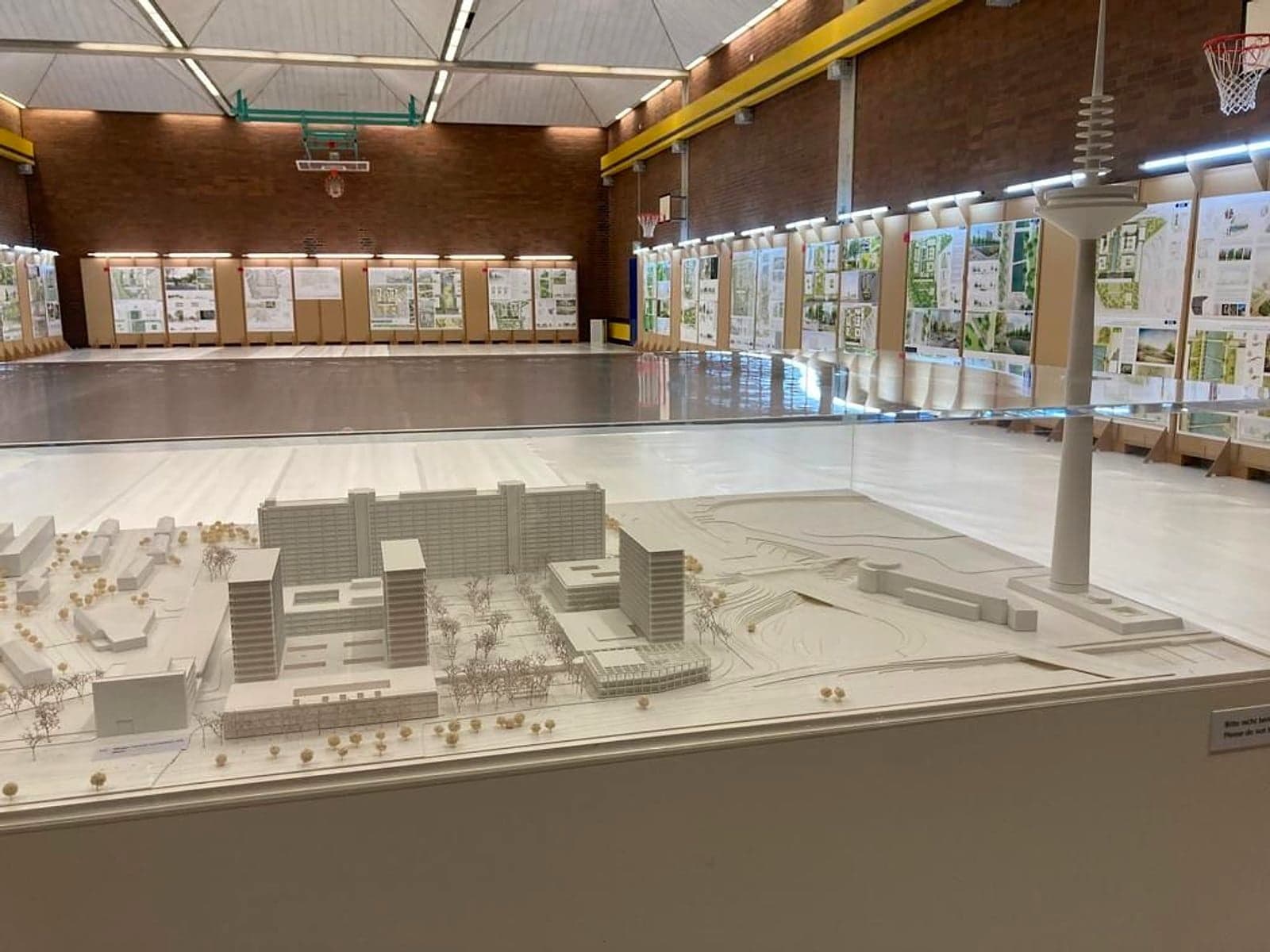 Stellwände in Turnhalle mit Rundbogenfenstern